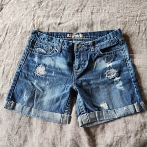BKE Sloan Shorts Womens 28 Blue Denim Dark Wash Mid Rise Distressed Embellished
